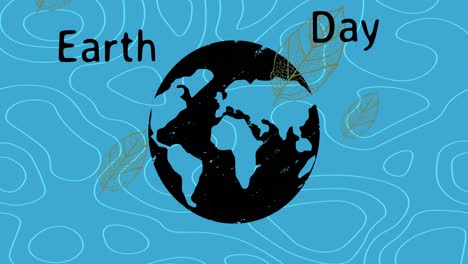Animation-Des-Textes-Zum-Tag-Der-Erde-über-Dem-Globus-Und-Blättern-Auf-Blauem-Hintergrund
