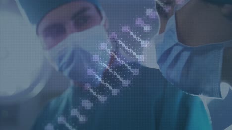 Animation-of-dna-strand-over-caucasian-surgeons-with-face-masks