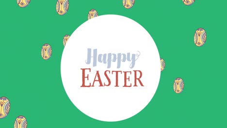 Animation-of-happy-easter-text-over-easter-eggs-on-green-background