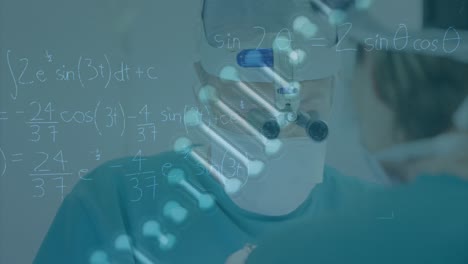 Animation-Des-DNA-Strangs-Und-Der-Datenverarbeitung-über-Einem-Männlichen-Kaukasischen-Chirurgen-Mit-Gesichtsmaske