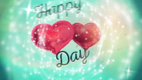 Animation-Eines-Glücklichen-Valentinstags-über-Herzförmigen-Luftballons-Auf-Blauem-Hintergrund