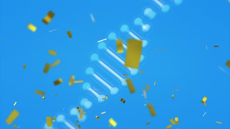 Animation-of-dna-strand-spinning-and-confetti-on-blue-background