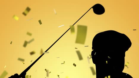 Animation-of-confetti-falling-and-golf-player-silhouette-over-yellow-background