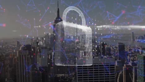 Animation-of-network-of-connections-with-padlock-over-cityscape