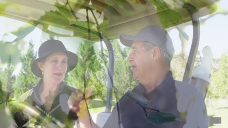 Animation-of-trees-over-senior-caucasian-couple-on-golf-course