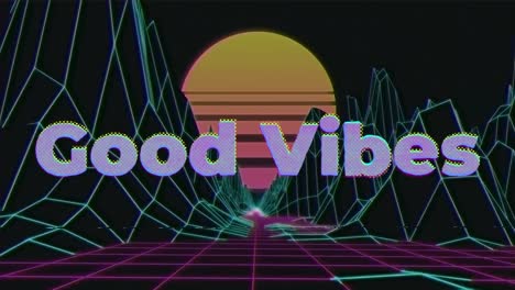 Animation-of-good-vibes-text-and-digital-mountains-on-black-background