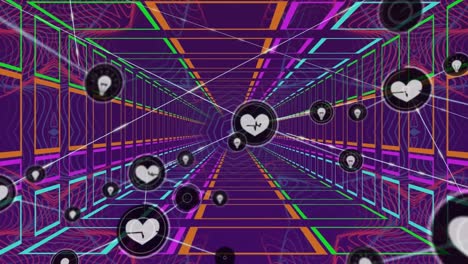 Animation-Des-Verbindungsnetzwerks-Mit-Symbolen-Und-Digitalem-Tunnel-Auf-Violettem-Hintergrund
