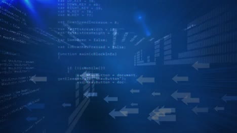 Animation-of-data-processing-and-arrows-on-blue-background