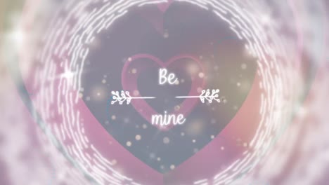 Animation-Von-„Be-Mine“-Text-über-Sich-Bewegenden-Herzen-Und-Kreisen