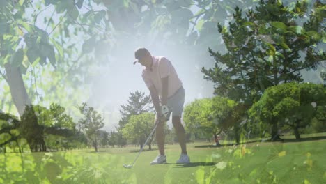 Animation-of-trees-over-senior-caucasian-man-playing-golf-on-golf-course