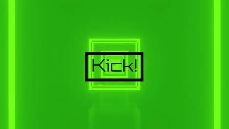 Animation-of-kick-text-and-squares-on-green-background