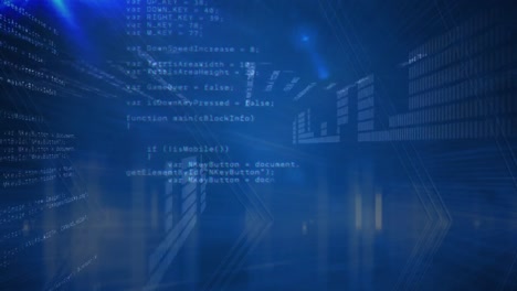 Animation-of-data-processing-and-binary-coding-on-blue-background
