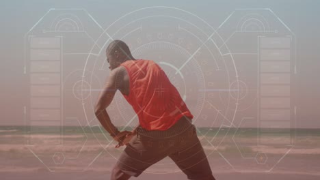 Animation-of-data-processing-over-african-american-man-exercising-at-beach