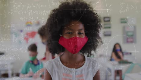 Animation-of-mathematical-equations-over-diverse-schoolchildren-wearing-face-masks