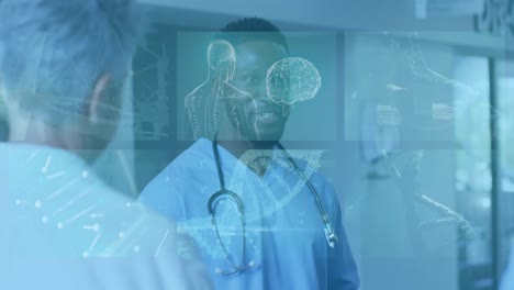 Animation-of-medical-data-processing-on-screen-over-african-american-male-doctor