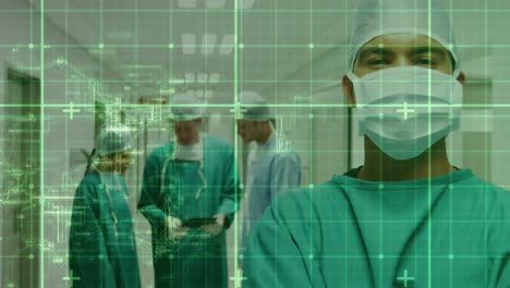 Animation-of-lines-over-diverse-male-and-female-surgeons