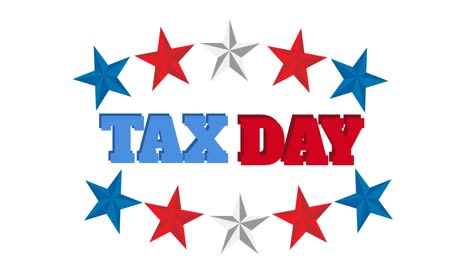 Animación-Del-Texto-Del-Día-De-Impuestos-Sobre-Estrellas-Blancas,-Rojas-Y-Azules-Sobre-Fondo-Blanco
