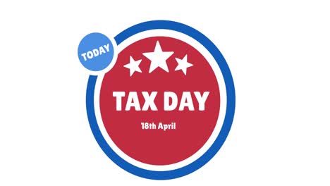 Animation-of-tax-day-text-on-red-and-blue-badge-on-white-background