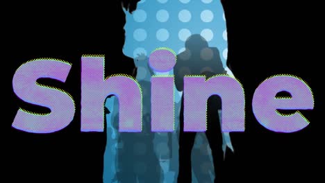 Animation-of-shine-text-and-silhouettes-of-dancing-people-on-blue-background