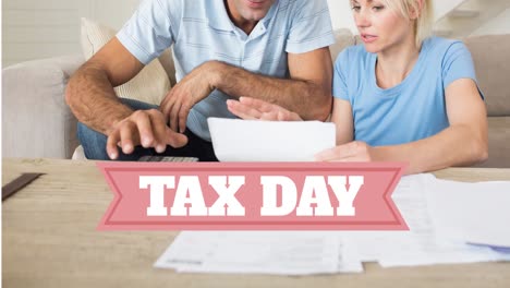 Animation-of-tax-day-text-over-worried-caucasian-man-and-woman-paying-bills