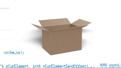 Animation-of-data-processing-over-cardboard-box-opening-on-white-background