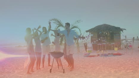 Animation-of-light-spots-over-group-of-happy-diverse-friends-drinking-beer-and-having-bbq-at-beach