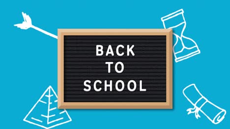 Animation-Von-„Back-To-School“-Texten-über-Schulartikel-Symbolen-Auf-Blauem-Hintergrund