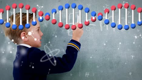 Animation-of-dna-strand-and-data-processing-over-caucasian-schoolboy