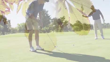 Animation-of-trees-over-caucasian-male-golf-players-on-golf-course