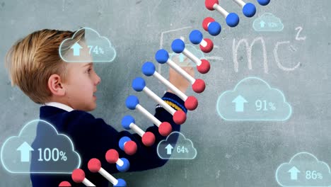 Animation-of-dna-strand-and-clouds-with-data-processing-over-caucasian-schoolboy