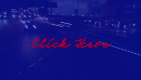 Animation-Des-Hier-Klicken-Textes-über-Der-Nächtlichen-Stadtlandschaft-Auf-Blauem-Hintergrund