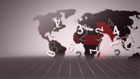 Multiple-changing-numbers-floating-over-world-map-against-grey-background