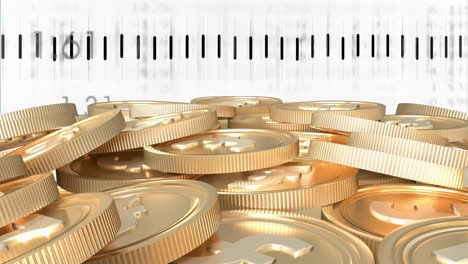 Animation-of-financial-data-processing-over-euro-coins-on-white-background