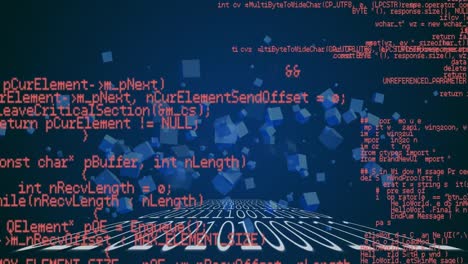 Digitale-Animation-Der-Binären-Kodierung-Und-Datenverarbeitung-Vor-Blauen-Quadratischen-Symbolen-Auf-Blauem-Hintergrund