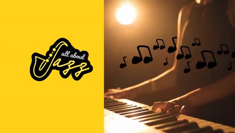 Animation-of-all-about-jazz-text-and-notes-icons-over-biracial-woman-playing-keyboard