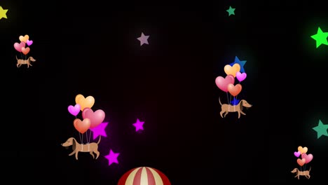 Animation-Der-Abschlusskappe-über-Luftballons-Und-Sternen-Auf-Schwarzem-Hintergrund