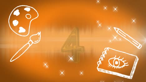 Animation-of-nymbers-and-school-items-icons-over-orange-background