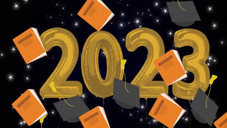 Animation-of-graduation-caps-and-books-over-2023-text-and-stars-on-black-background