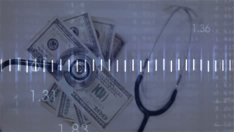 Animation-of-financial-data-processing-over-dollars-and-stethoscope-on-white-background