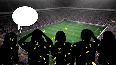 Animation-of-gold-confetti-over-sports-fans-and-speech-bubble-with-copy-space-in-sports-stadium
