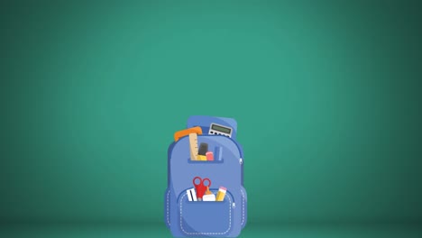 Animation-of-school-items-and-backpack-icons-on-green-background