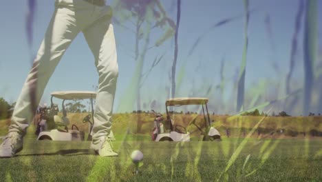 Animation-of-grass-over-senior-caucasian-man-playing-golf-on-golf-course