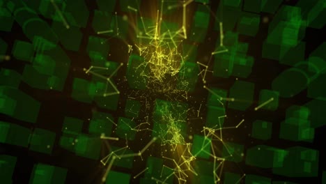 Digital-animation-of-yellow-network-of-connections-against-green-square-icon-on-black-background