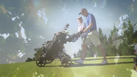 Animation-of-trees-over-senior-caucasian-couple-playing-golf-on-golf-course