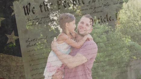 Animation-of-flag-of-usa-and-text-over-caucasian-man-with-his-daughter