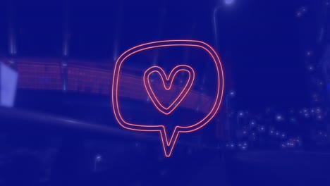 Animation-of-heart-icon-over-cityscape-at-night-on-blue-background