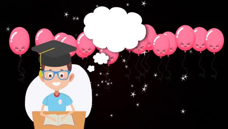 Graduated-boy-icon-and-multiple-pink-balloons-with-copy-space-on-black-background