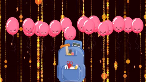 Animation-Von-Symbolen-Für-Schulgegenstände-über-Luftballons-Und-Lichtflecken-Auf-Schwarzem-Hintergrund