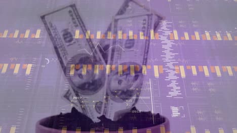 Animation-Der-Finanzdatenverarbeitung-über-Dollars-Auf-Weißem-Hintergrund