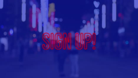 Animation-of-sign-up-text-over-cityscape-at-night-on-blue-background